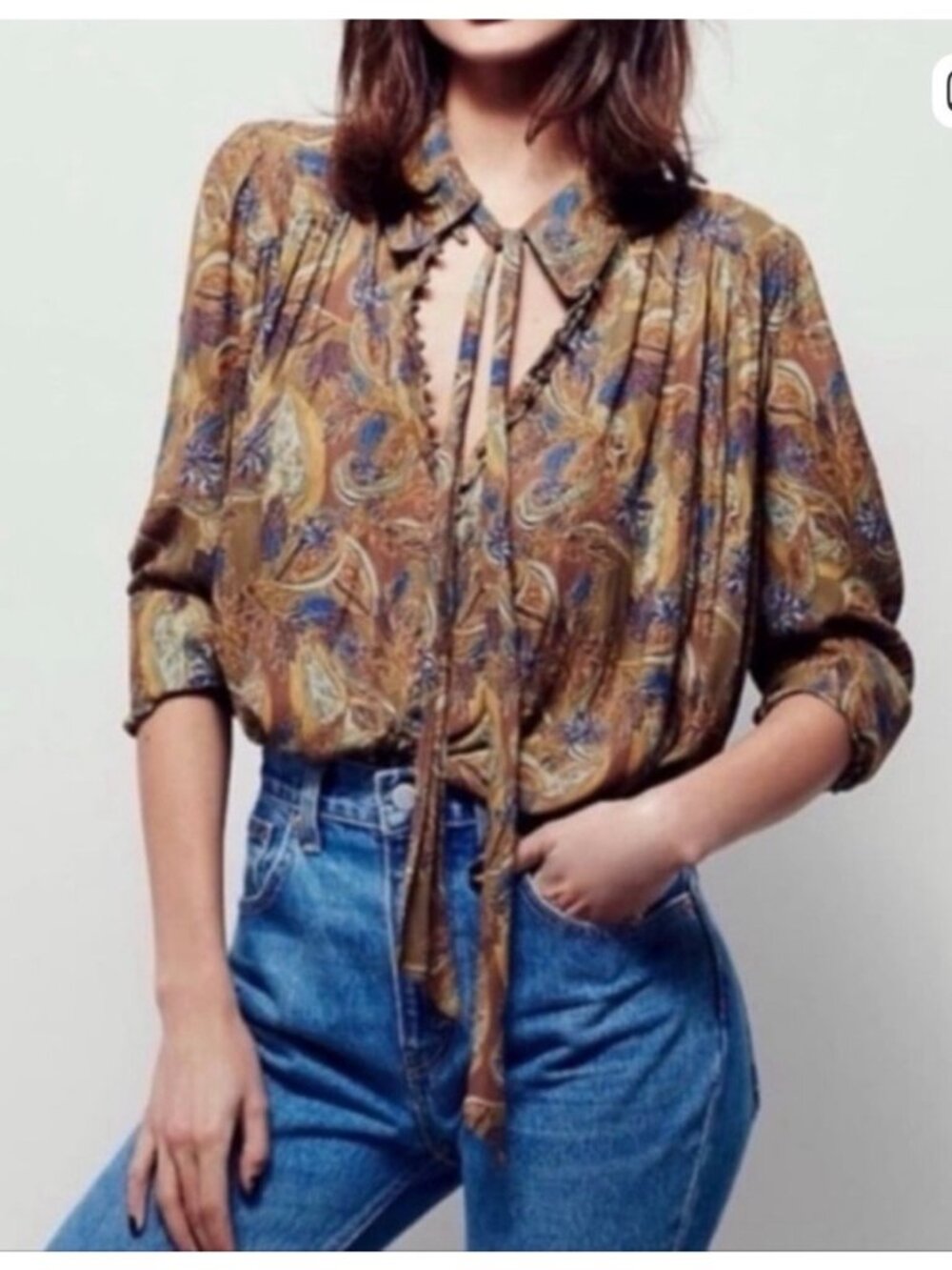 Free People Paisley Pleated Top Women Small Green Collared Tie Long Sleeve Flowy